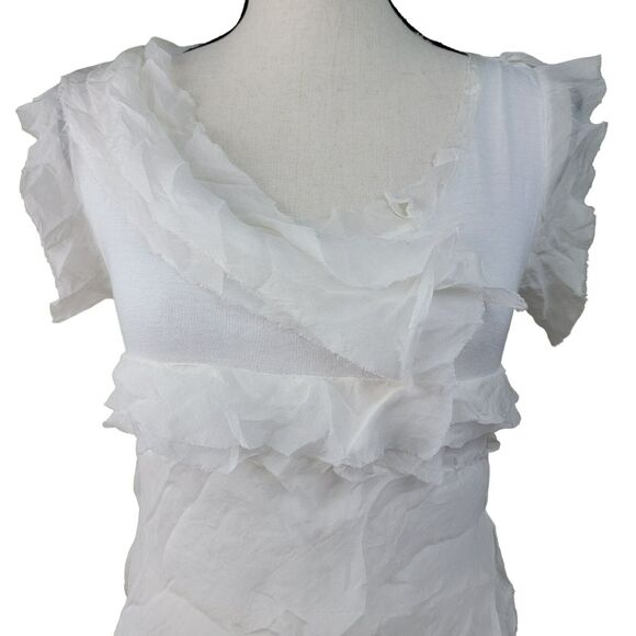 White Ruffle Dress Womens Sz S Funky Tiered Raw Edge Mini Scoop‎ Neck Sleeveless - Picture 2 of 6